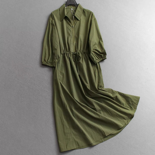 Solid color, loose fit, slimming, lightweight, waist tie, flared silhouette, three-quarter sleeve casual women's dress 11335