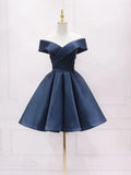 Retro Navy Blue Off-the-shoulder Design A-line Satin Party Dress Homecoming Dress TP4057
