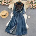 Vintage Embroidery Design Sense high-end Elegant Long Single-breasted Denim Dress TP2826