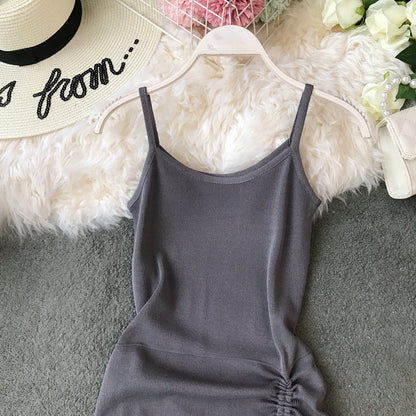Drawstring pleated sexy irregular suspender dress women  3399