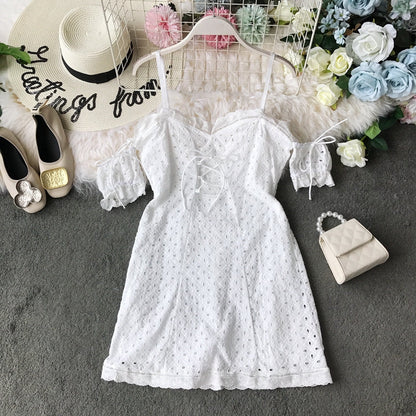 Off shoulder lace cut-out lace strap slim off shoulder dress  3725
