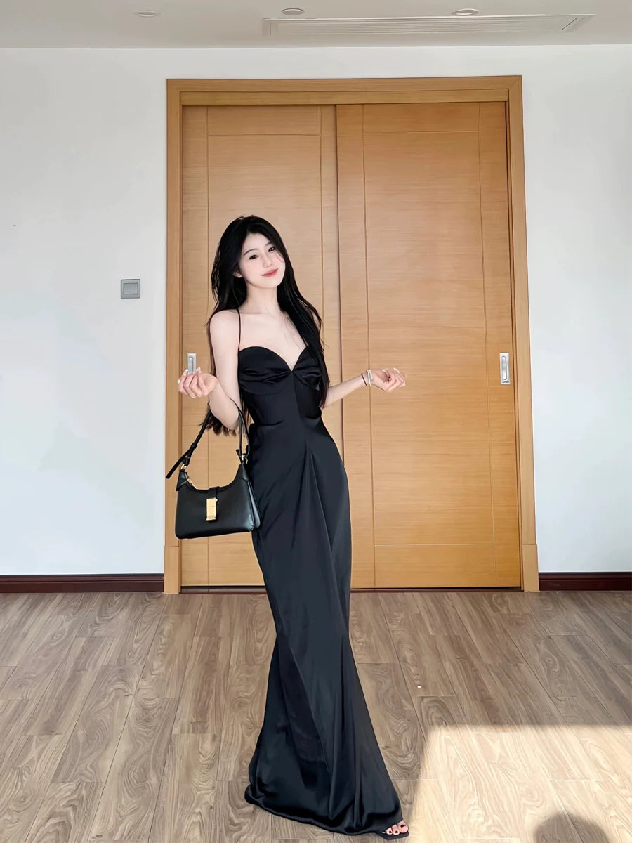Simple Black Mermaid Design Heart-shaped Collar A-line Sleeveless Spaghetti Strap Dress TP3302