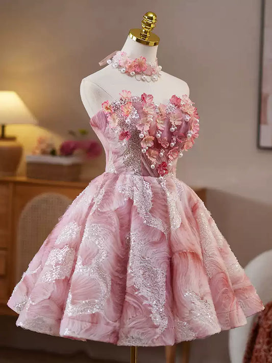 Pink fluffy sweet girl short prom dress homecoming dress party birthday party tube top princess dress gh4605