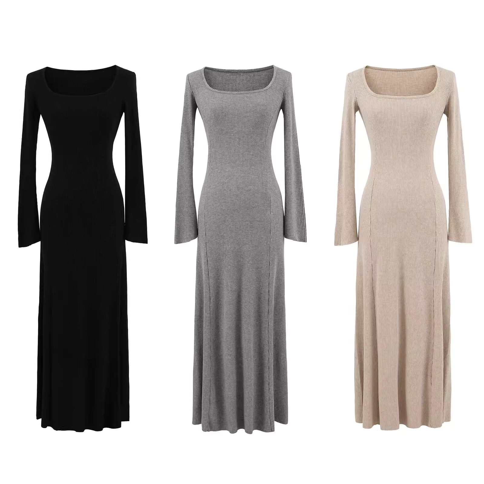 Black square neck long-sleeved knit dress for women, autumn and winter, slimming and flattering, perfect as an inner layer or sweater dress.  11438
