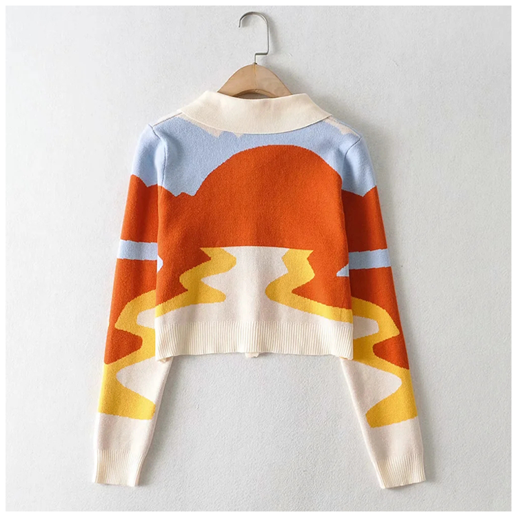 Minority design sunset oil painting super beautiful retro knitted cardigan  7211