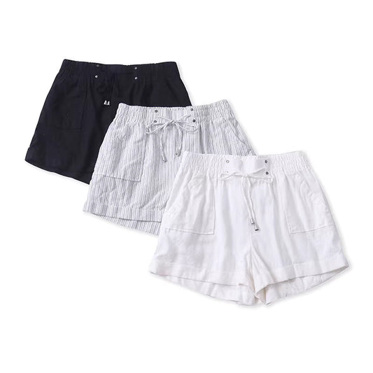 Summer skin-friendly breathable cotton and linen high-waisted wide-leg shorts for women, leg-lengthening straight-leg pants, casual pants, suitable for wearing outside.  11375
