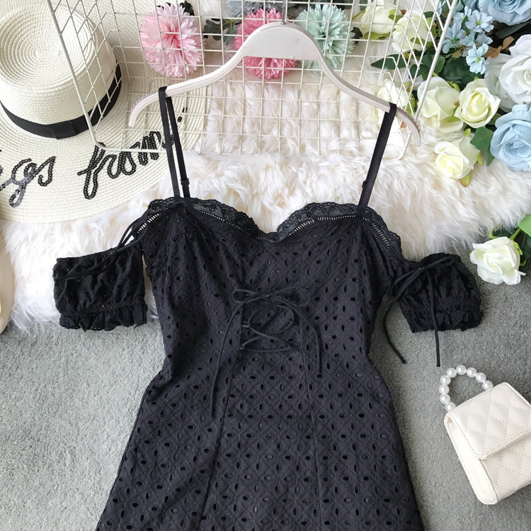 Off shoulder lace cut-out lace strap slim off shoulder dress  3725