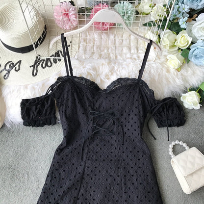 Off shoulder lace cut-out lace strap slim off shoulder dress  3725