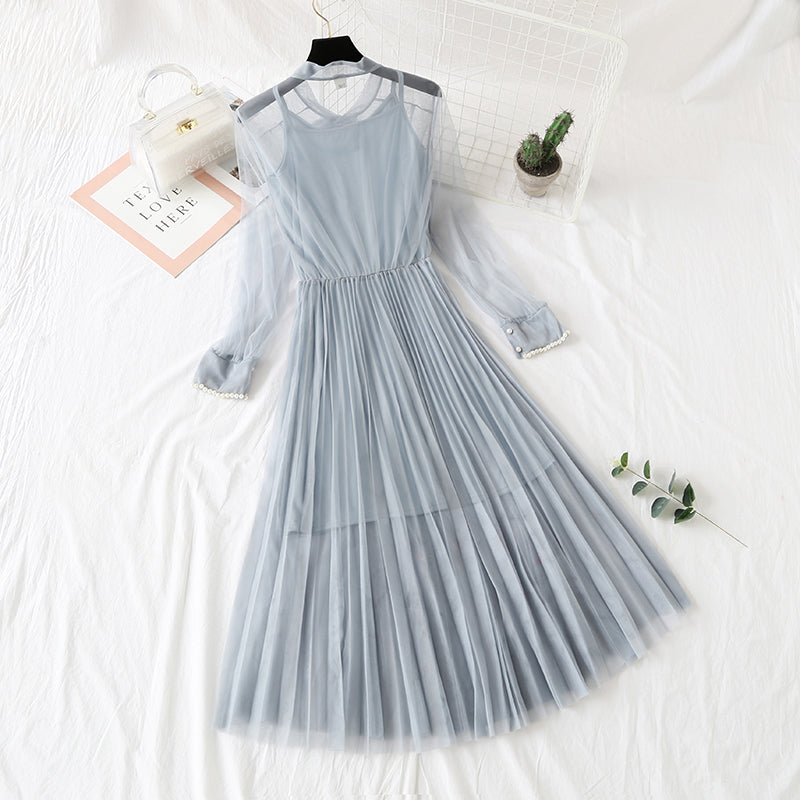 Gauze dress feather nail bead long sleeve sling  4311