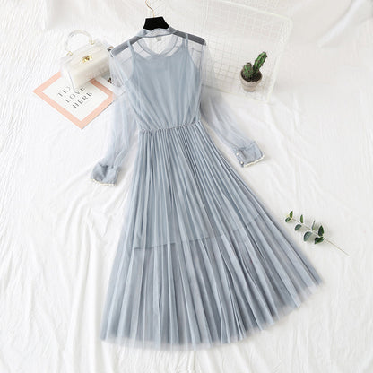 Gauze dress feather nail bead long sleeve sling  4311