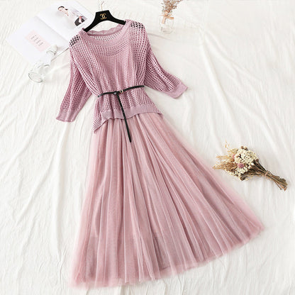 Hollowed out bat sleeve sweater mesh suspender skirt  4313