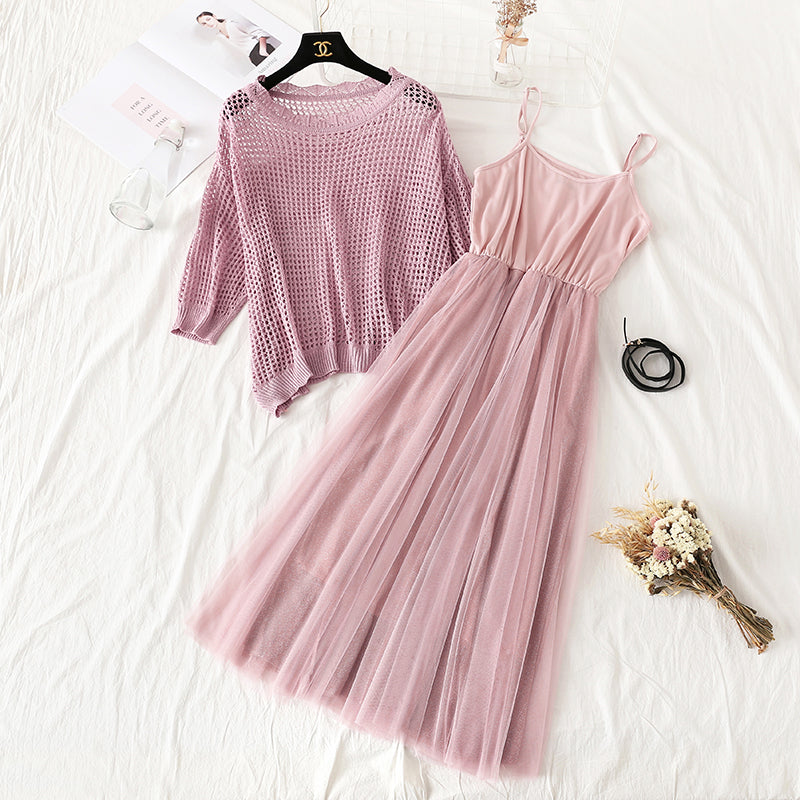 Hollowed out bat sleeve sweater mesh suspender skirt  4313