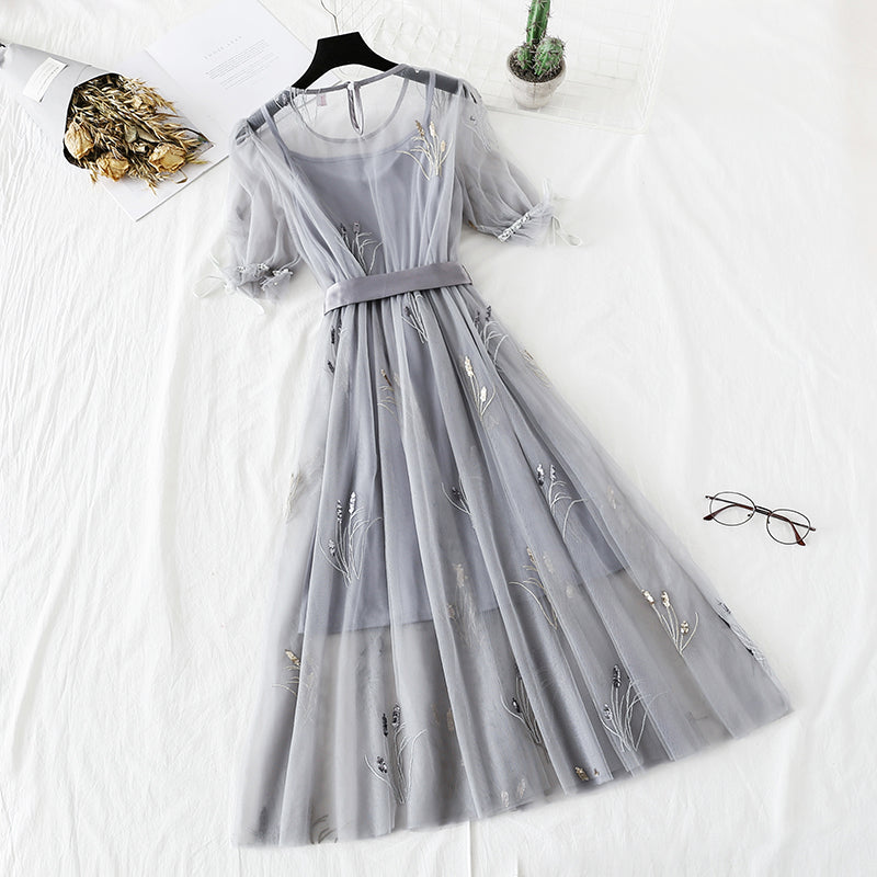 Embroidered mesh dress national minority Platycodon skirt French retro skirt  4305