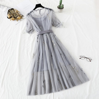 Embroidered mesh dress national minority Platycodon skirt French retro skirt  4305