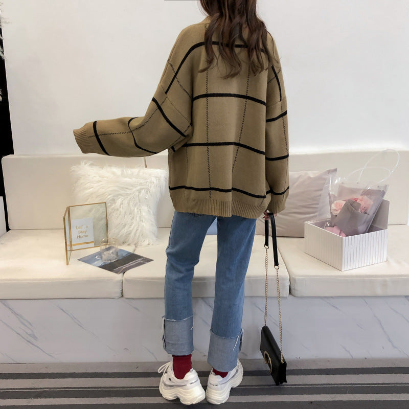 Harajuku sweater cardigan Plaid loose and versatile  4913