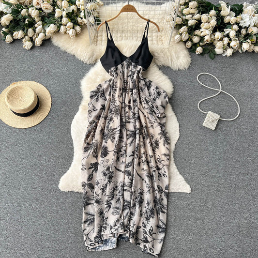 Sexy V-neck backless dress female ink painting new suspenders irregular holiday dress P238