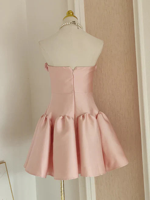 Retro Pink 3D Flowers Design A-line Strapless Satin Mini Party Dress Homecoming Dress TP4045