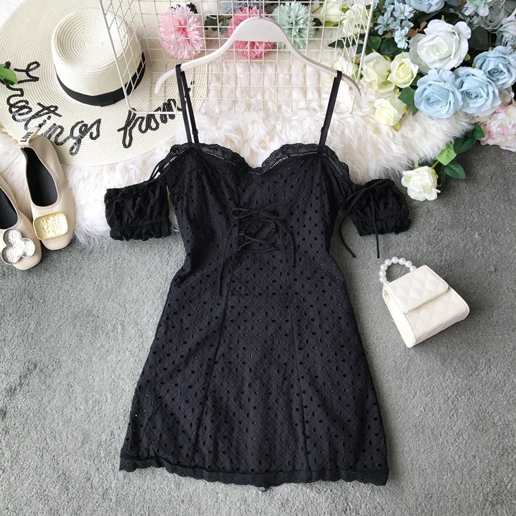 Off shoulder lace cut-out lace strap slim off shoulder dress  3725