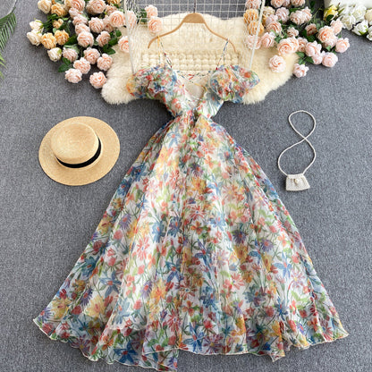 Cute Spaghetti Straps Backless Short Floral Dress Women Dress P138