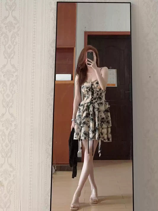 New Fashion Floral Ruffled Design A-line Cinched Waist Sleeveless Spaghetti Strap Dress TP3303