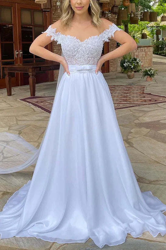 Off-Shoulder Backless A-Line Appliques Wedding Dress