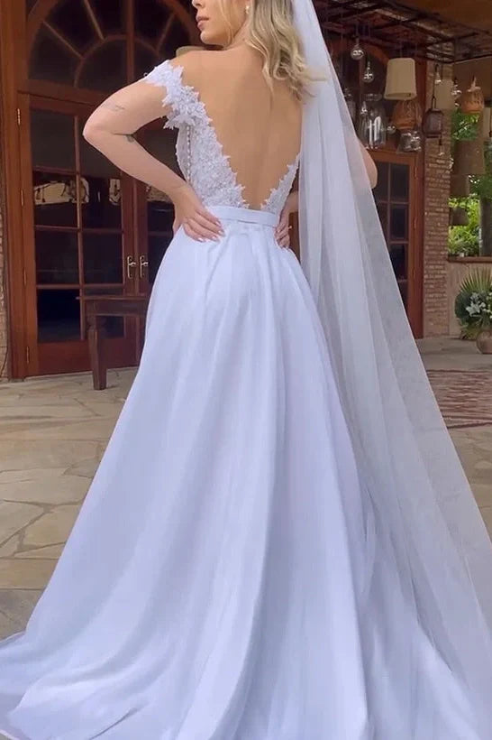 Off-Shoulder Backless A-Line Appliques Wedding Dress