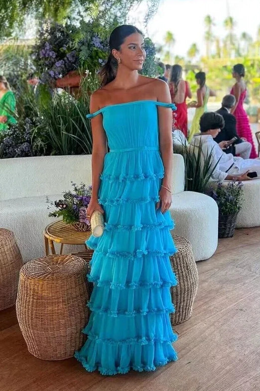 Off-Shoulder Empire A-Line Tiered Party Prom Dress