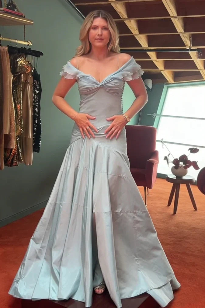 Off-Shoulder Empire Satin A-Line Party Prom Dress With Train