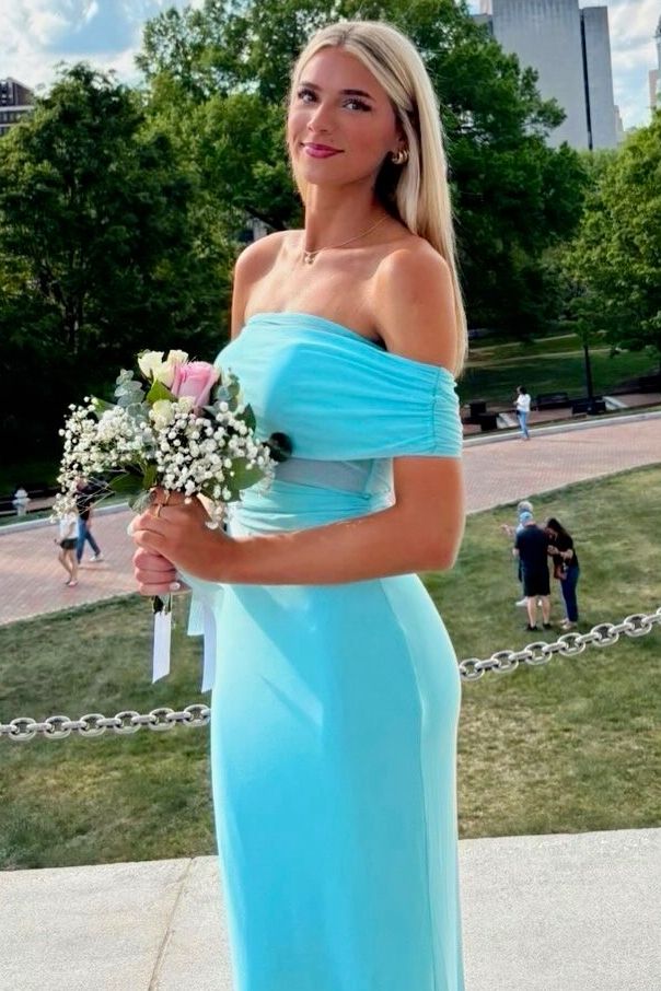Off-Shoulder Empire Sleeveless Sheath Satin Party Prom Dress