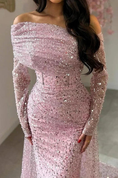 Off-Shoulder Long Sleeves Mermaid Party Prom Dress With Train