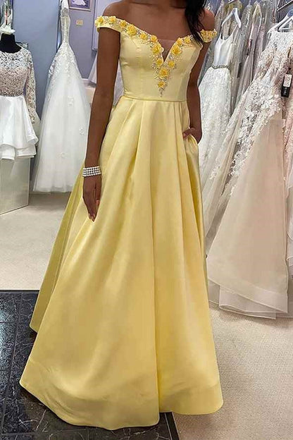 Off-Shoulder Satin A-Line Floral Appliques Prom Dress
