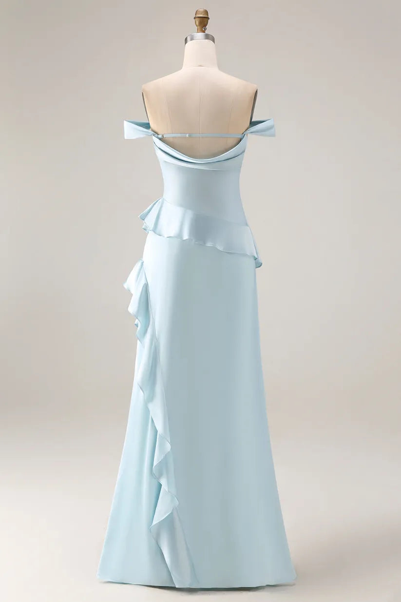 Off-Shoulder Satin Empire Ruffle Party Prom Dress With Slit