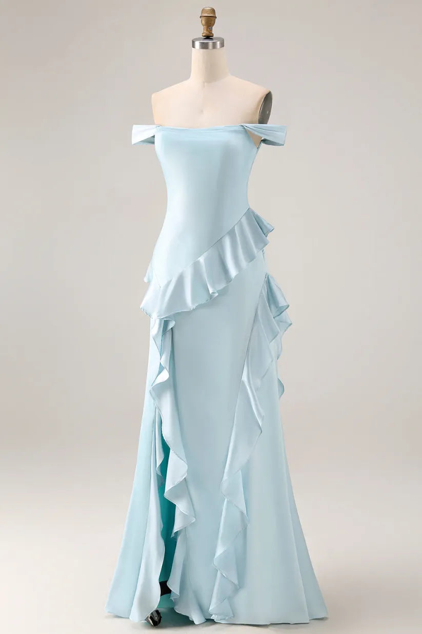 Off-Shoulder Satin Empire Ruffle Party Prom Dress With Slit