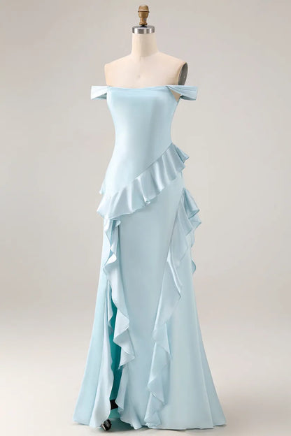 Off-Shoulder Satin Empire Ruffle Party Prom Dress With Slit