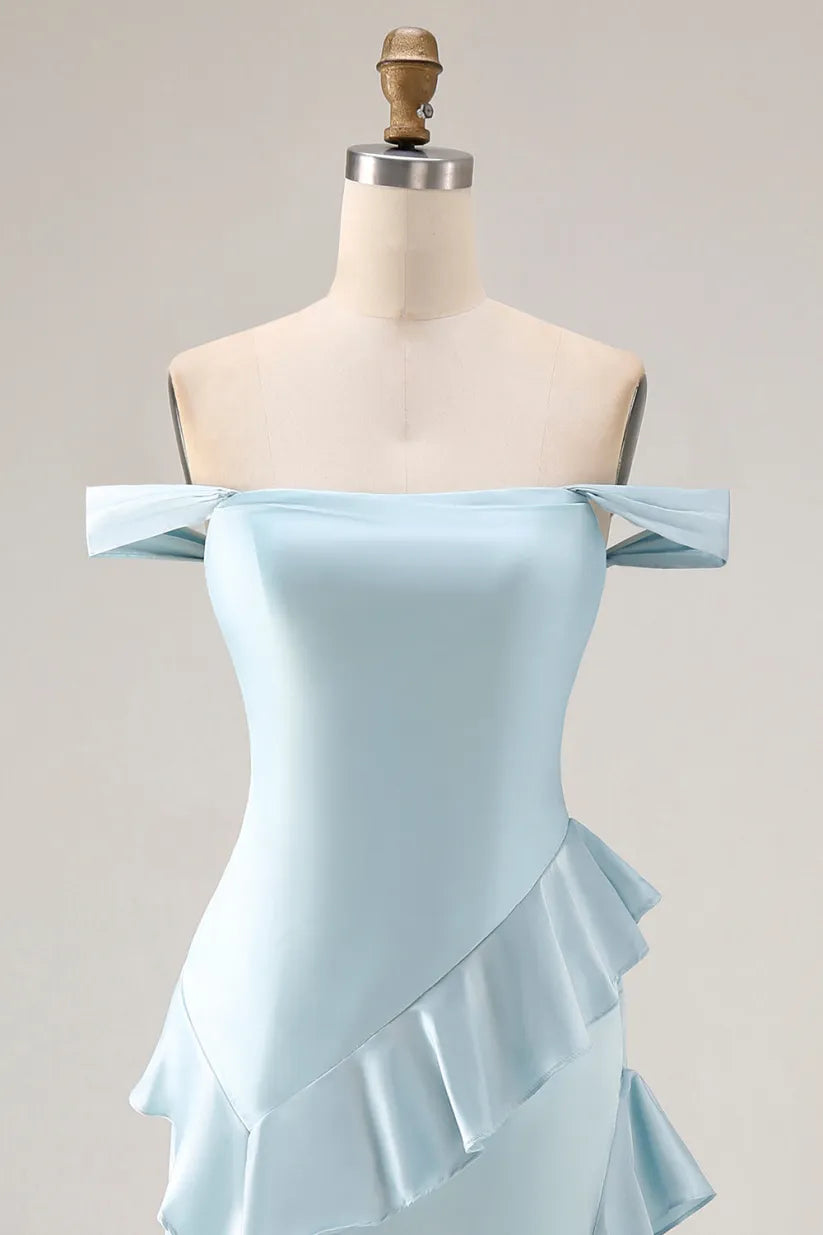 Off-Shoulder Satin Empire Ruffle Party Prom Dress With Slit