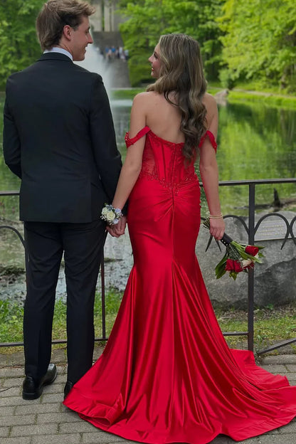 Off-Shoulder Satin Mermaid Party Prom Dress With Lace Appliques