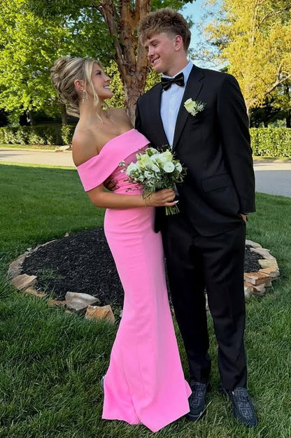 Off-Shoulder Satin Mermaid Party Prom Dress With Side Slit