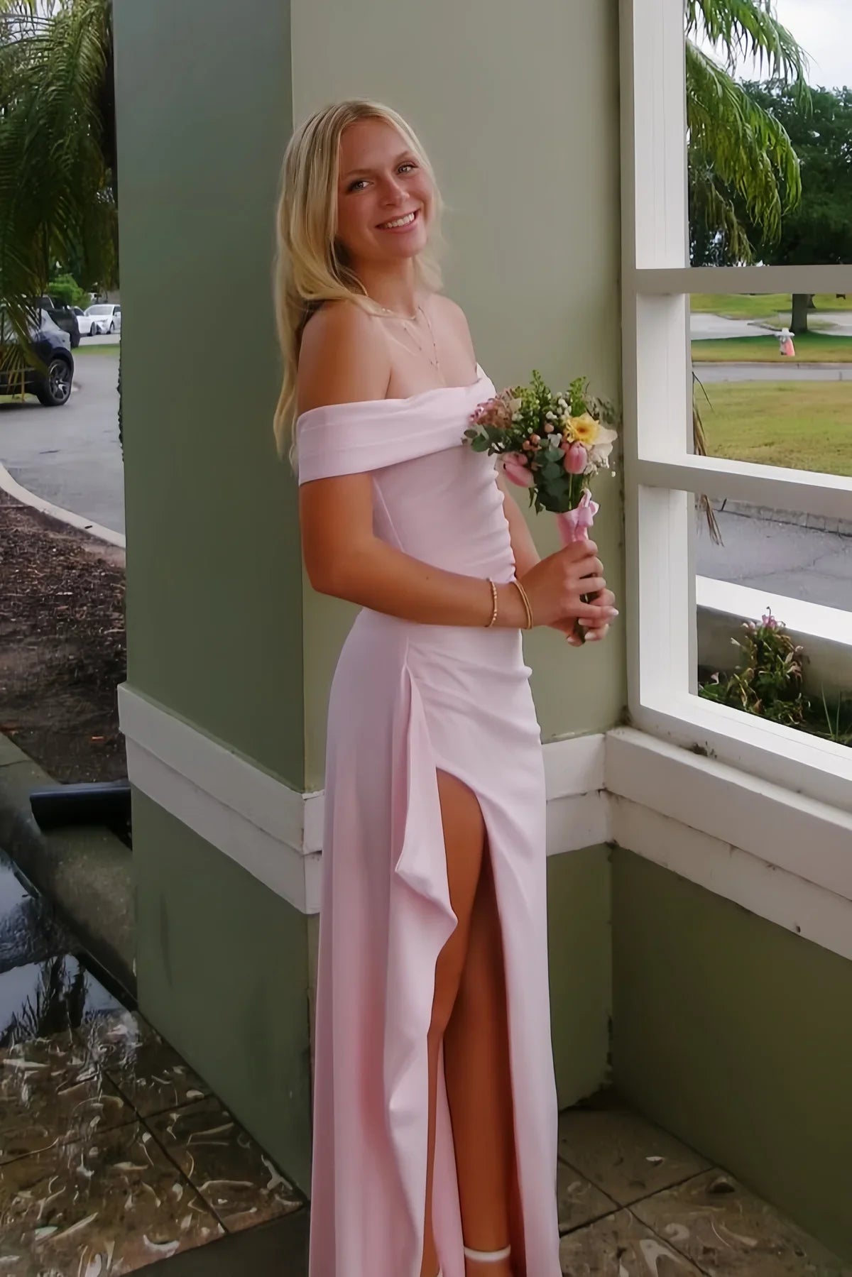 Off-Shoulder Satin Ruched Empire Party Prom Dress