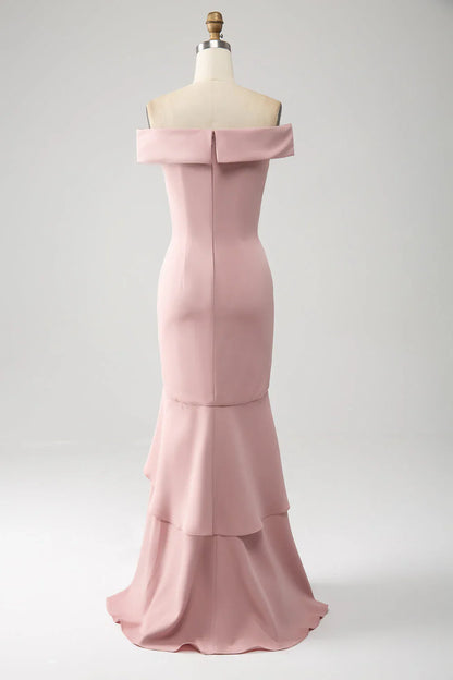Off-Shoulder Sleeveless Empire Ruffled Satin Bridesmaid Dress