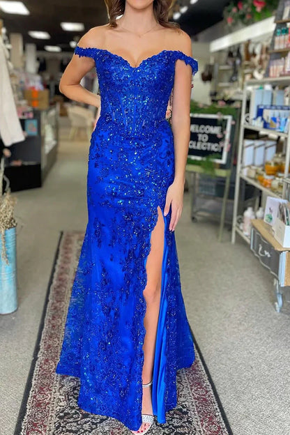Off-Shoulder Sparkly Lace Party Prom Dress With Leg Slit