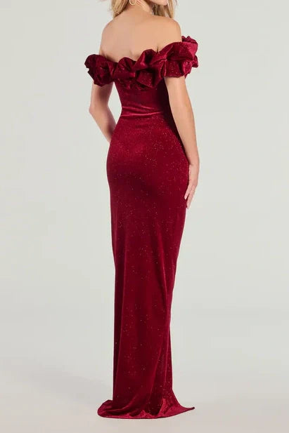 Off-Shoulder Sparkly Velvet Party Prom Dress With Slit