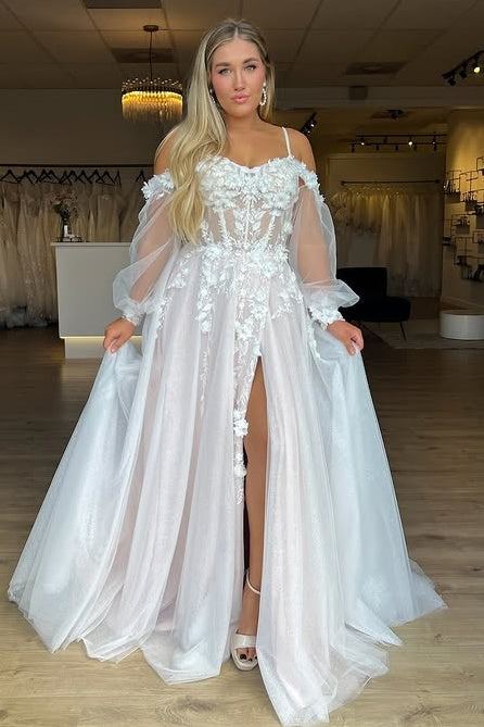 Off-Shoulder Sweetheart Tulle A-Line Appliques Beach Wedding Dress