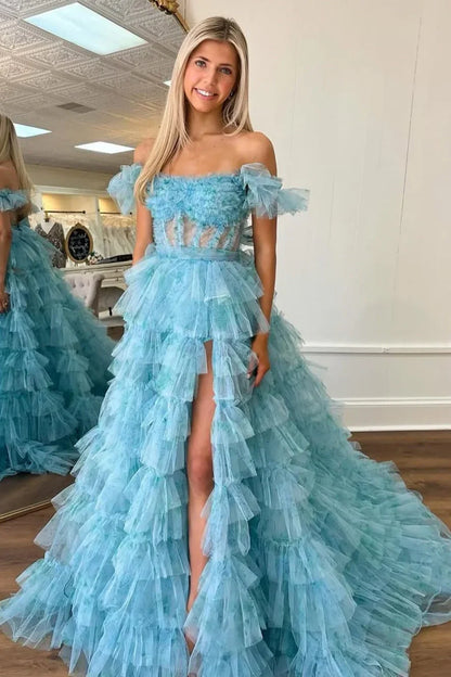 Off-Shoulder Tulle A-Line Empire Tiered Party Prom Dress