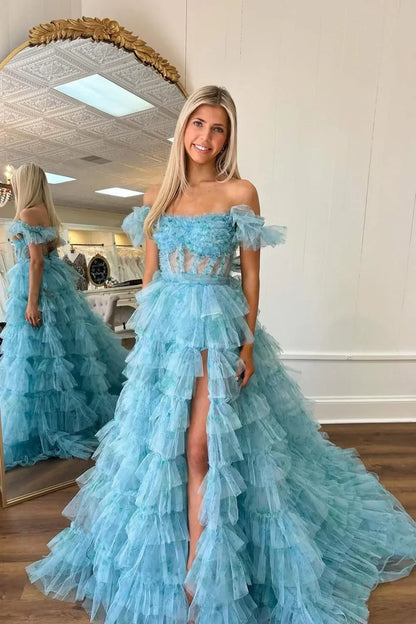 Off-Shoulder Tulle A-Line Empire Tiered Party Prom Dress