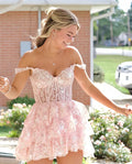 Fashion Light Pink Lace Design Off-the-shoulder Tiered Homecoming Dress TP3550
