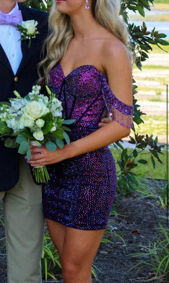 Vintage Purple Beaded Sweetheart Off-the-shoulder Sheath Homecoming Dress Party Dress Cocktail Dress TP4756