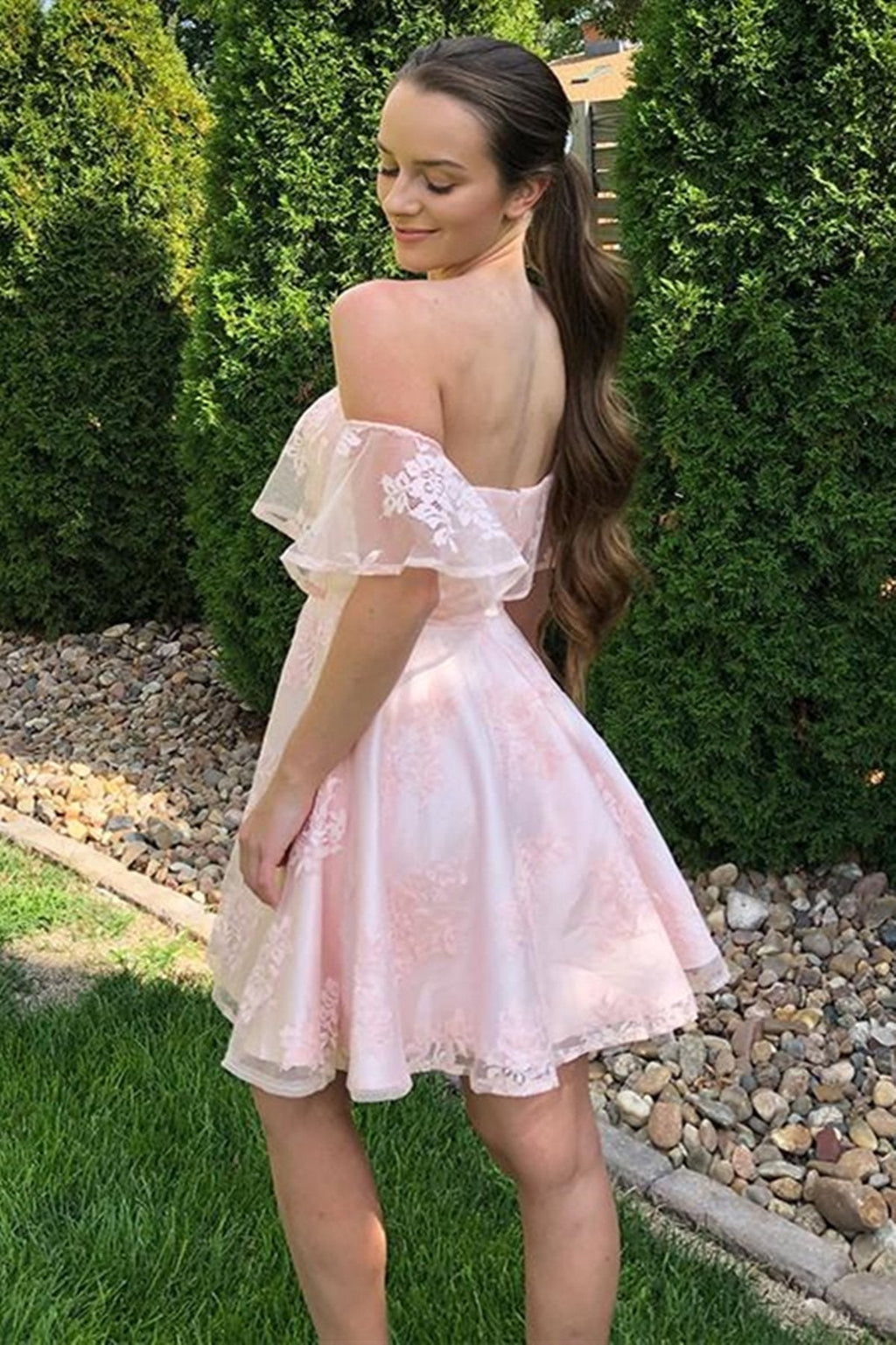 Off the Shoulder Short Pink Lace Prom Dresses, Off Shoulder Short Pink Lace Graduation Homecoming Dresses