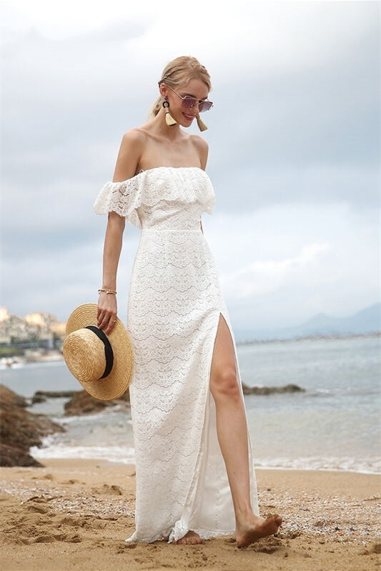 Off the Shoulder White Lace Maxi Dress