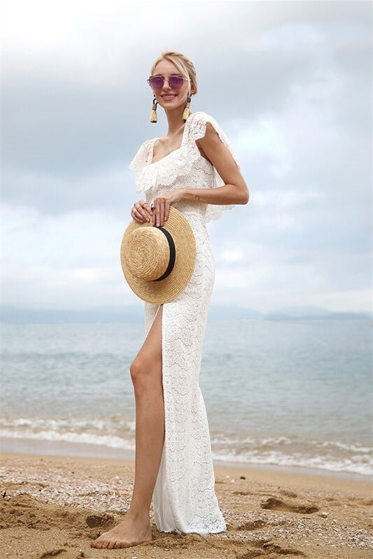 Off the Shoulder White Lace Maxi Dress