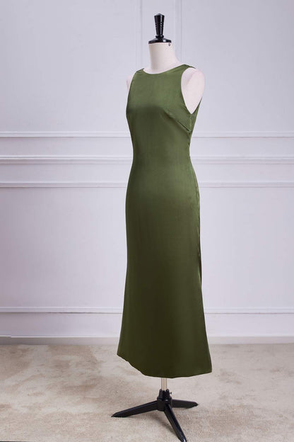 Olive Sleeveless Mermaid Satin Bow Tie Calf-Length Bridesmaid Dress
